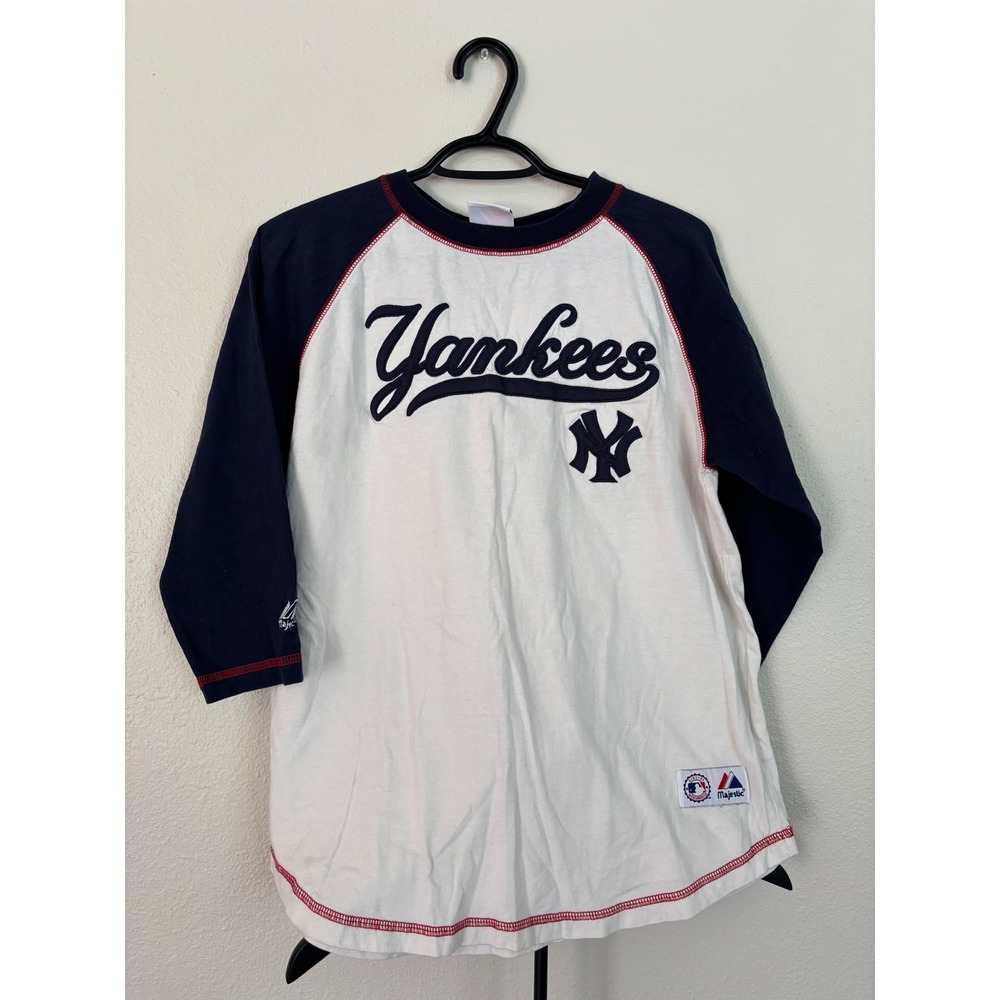 Majestic New York Yankees Baseball Tee Navy White 3/4 Sleeve Raglan Large